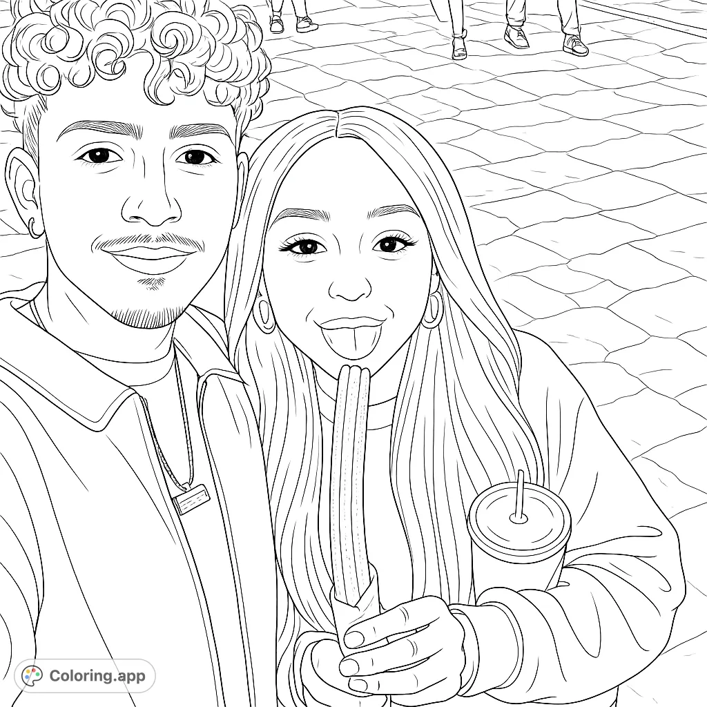 A fun selfie of a young couple, with the woman playfully holding a churro and drink. Perfect for a vibrant, modern street food coloring page.