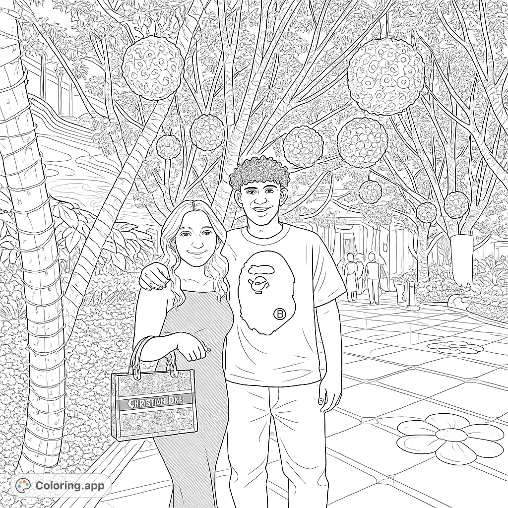 A charming couple smiles in a lush garden, surrounded by unique trees with hanging ornaments and a patterned tiled path. A delightful scene for all ages.