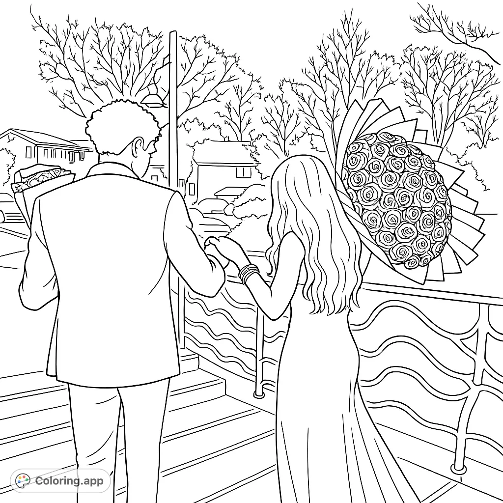 A romantic couple walks hand-in-hand up stairs, the woman carrying a large rose bouquet. A beautiful love story coloring page.