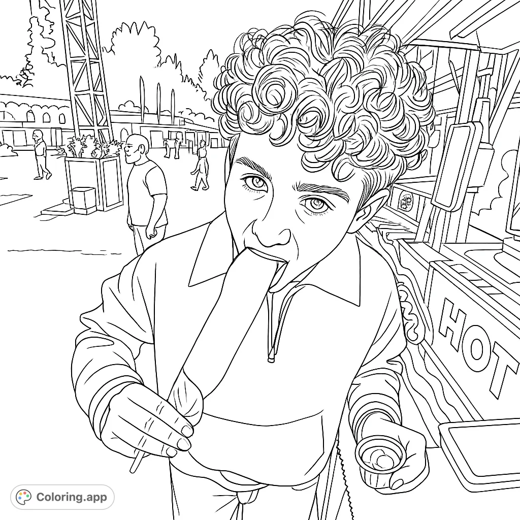 A lively fairground scene featuring a curly-haired person enjoying a corn dog, with a bustling amusement park background. A fun, free printable coloring page!