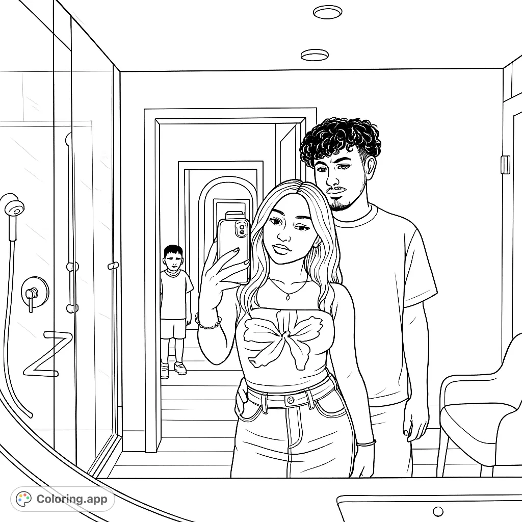 Capture a modern family moment! A couple takes a mirror selfie, with a child peeking from the background. Free printable family selfie coloring page for all ages.