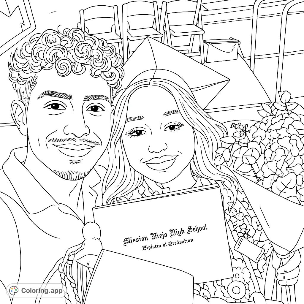 Celebrate academic achievement with this graduation coloring page featuring two smiling graduates, a diploma, and festive flowers. Perfect for all ages!