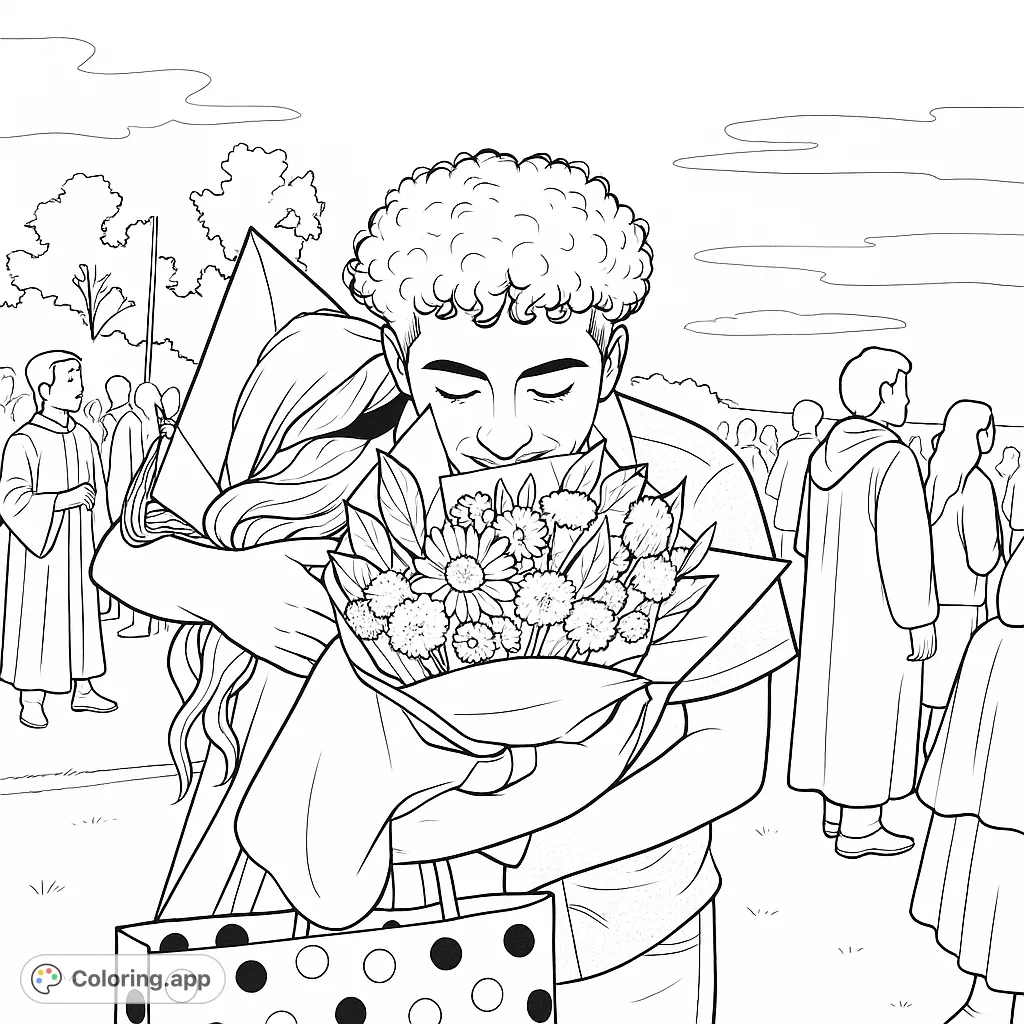Celebrate achievement with this graduation coloring page. A graduate embraces a loved one, holding a beautiful flower bouquet. Perfect for marking special milestones.