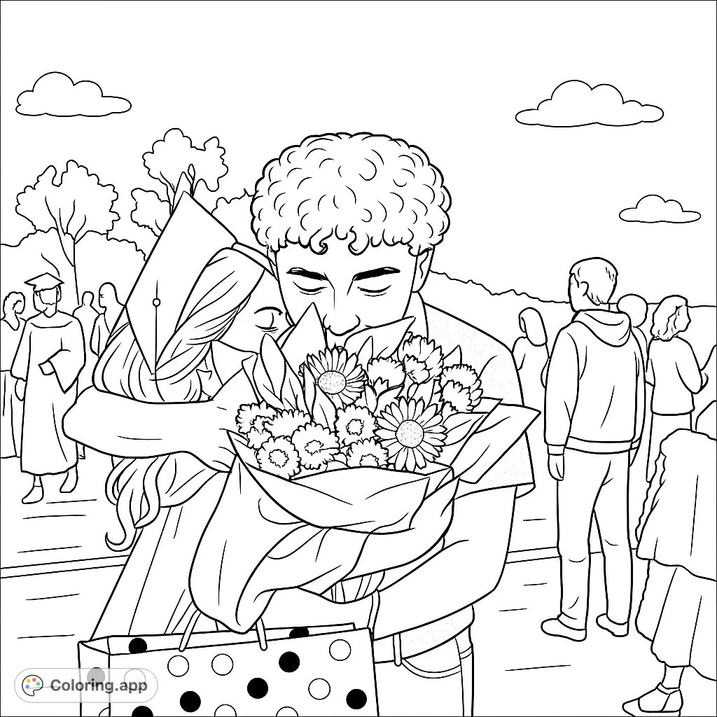 Celebrate a special milestone with this graduation coloring page featuring a heartfelt embrace, a beautiful flower bouquet, and a gift.