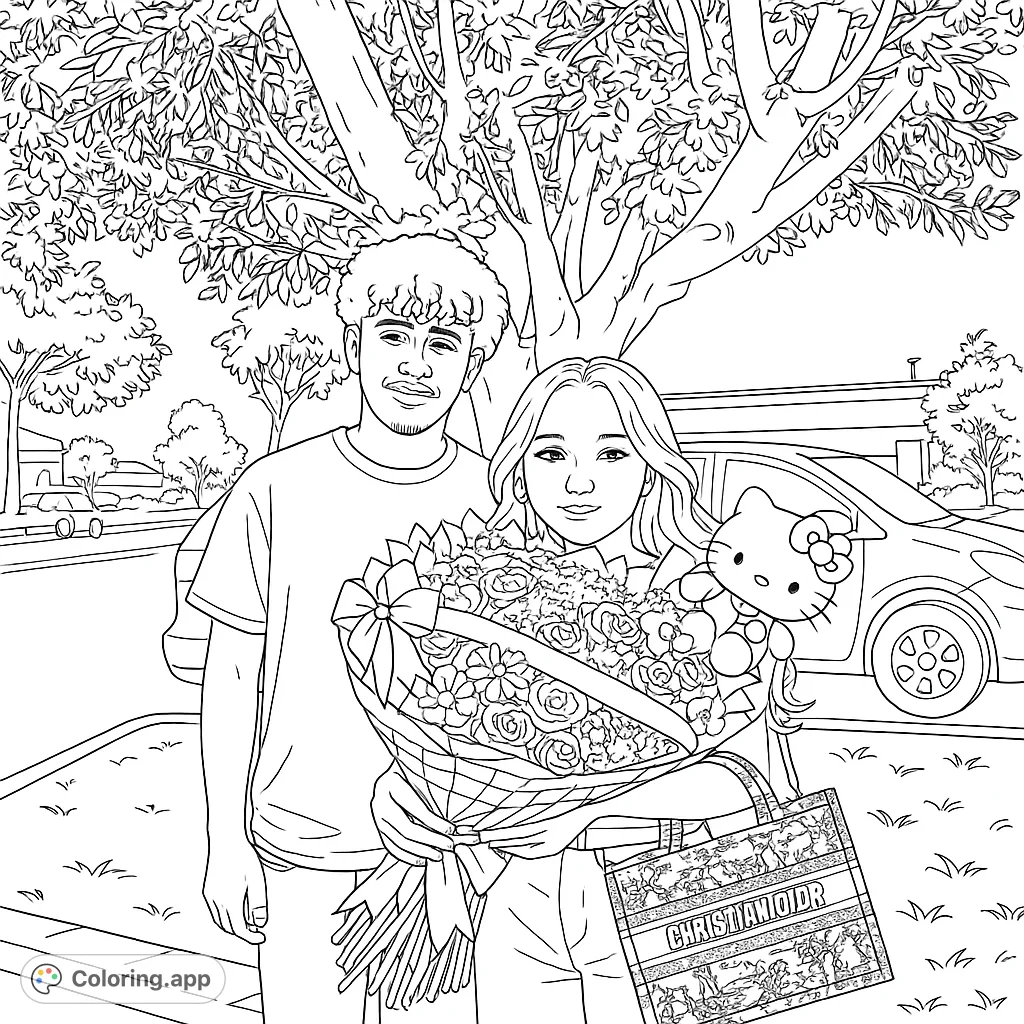 A charming couple with a beautiful flower bouquet and a cute Hello Kitty plushie, perfect for a romantic coloring page.
