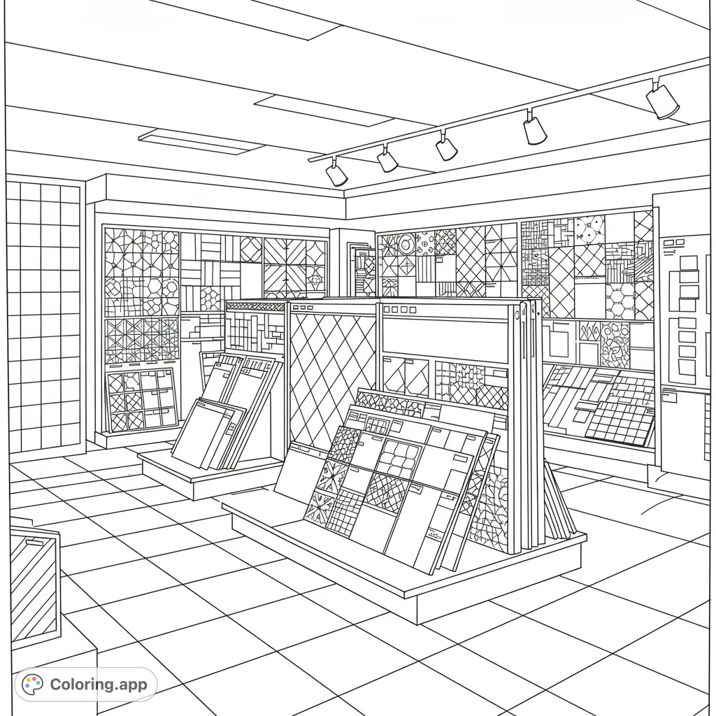 Explore a detailed tile showroom coloring page featuring diverse geometric patterns on walls and display stands. Perfect for design enthusiasts and a free printable coloring page.