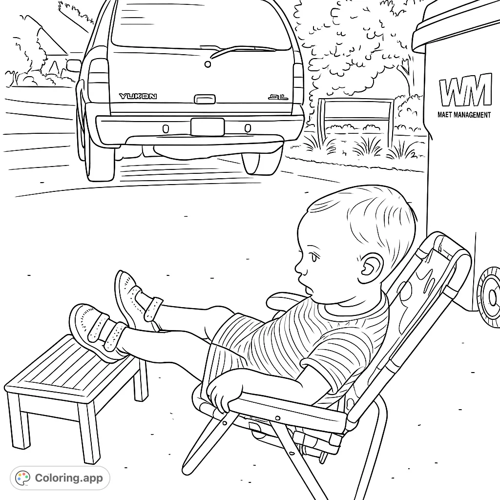 An adorable baby relaxes in a beach chair with feet up, an SUV and outdoor elements in the background. A charming free printable coloring page.