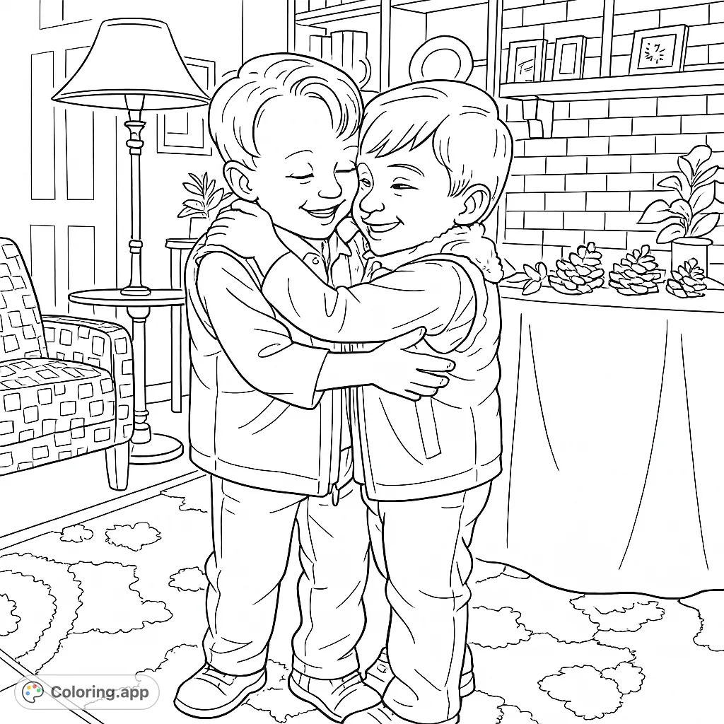 A heartwarming friendship coloring page featuring two boys sharing a joyful embrace in a cozy living room, perfect for kids and adults.