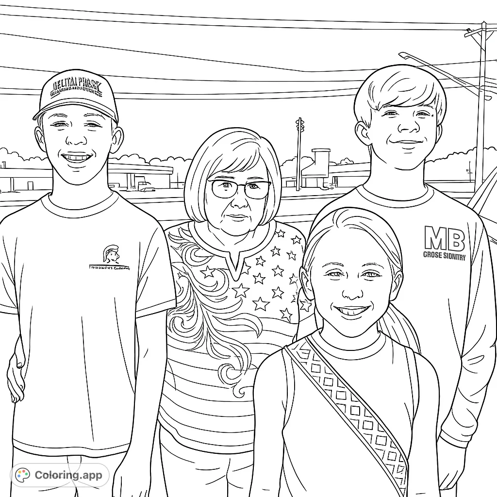 Capture heartwarming moments with this family portrait coloring page. Features four smiling individuals and an outdoor background. Free printable coloring page for all ages.