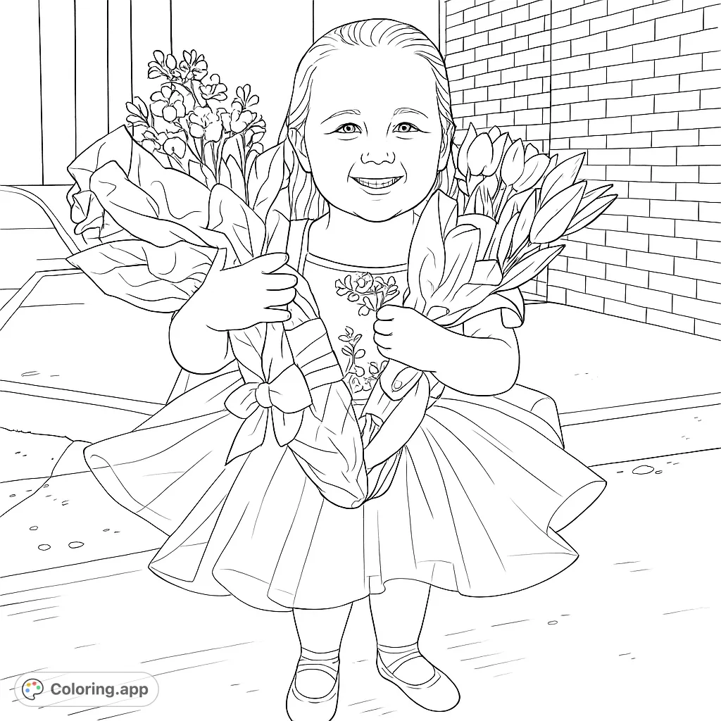 A joyful girl in a dress holds two beautiful flower bouquets, ready for coloring. Perfect for kids and flower lovers!