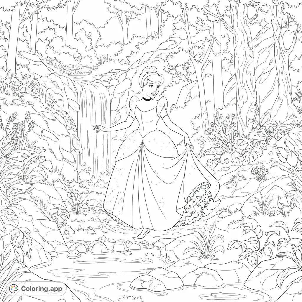 A beautiful princess in a flowing gown explores an enchanted forest with a waterfall and stream. A magical free printable princess coloring page for all ages.