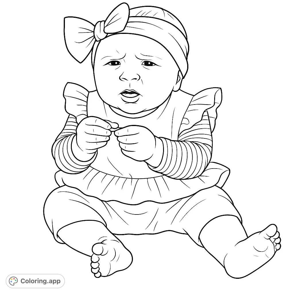 Adorable baby with a big bow and ruffled outfit, sitting and looking puzzled. A charming free printable baby coloring page for all ages.