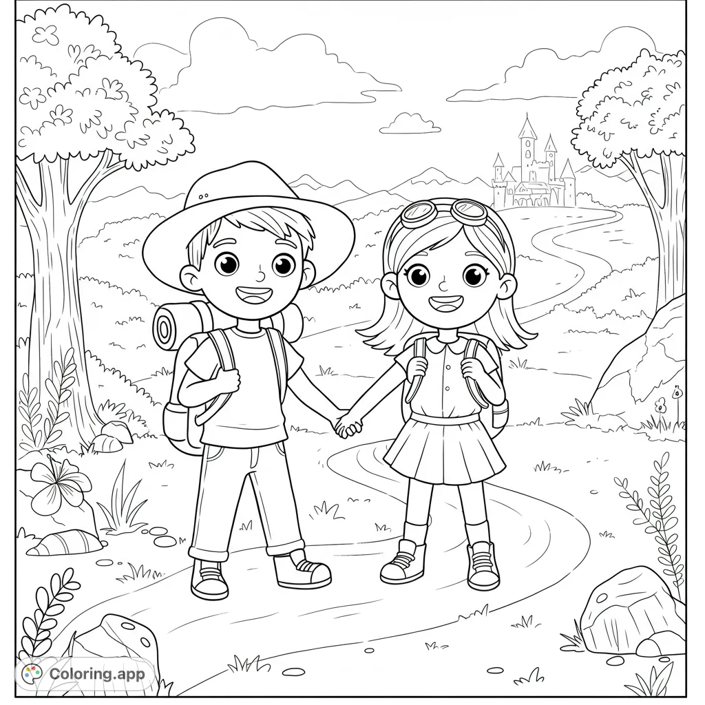 Join two young explorers on a winding path to a magical castle. A delightful adventure coloring page for kids, perfect for imaginative fun and creative play.