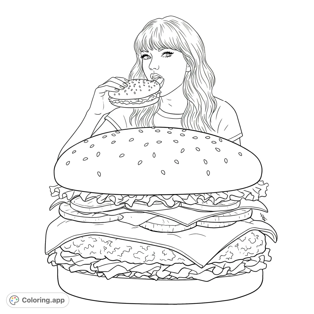 A fun food coloring page featuring a stylish woman enjoying a bite from a burger, with an enormous, multi-layered burger dominating the foreground. Perfect for foodies!