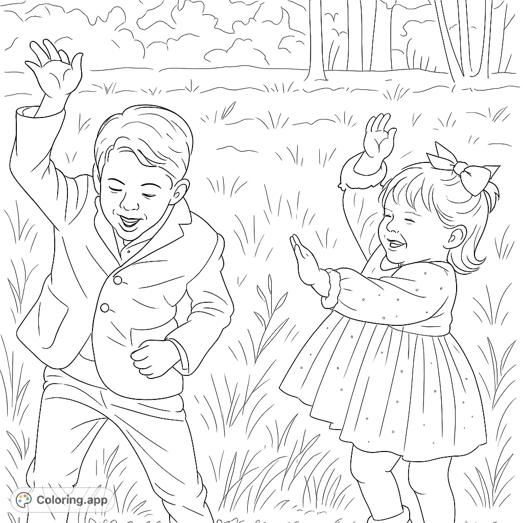 A delightful children playing coloring page featuring two happy kids dancing in a grassy field, perfect for sparking creativity and joy. Free printable coloring page fun!