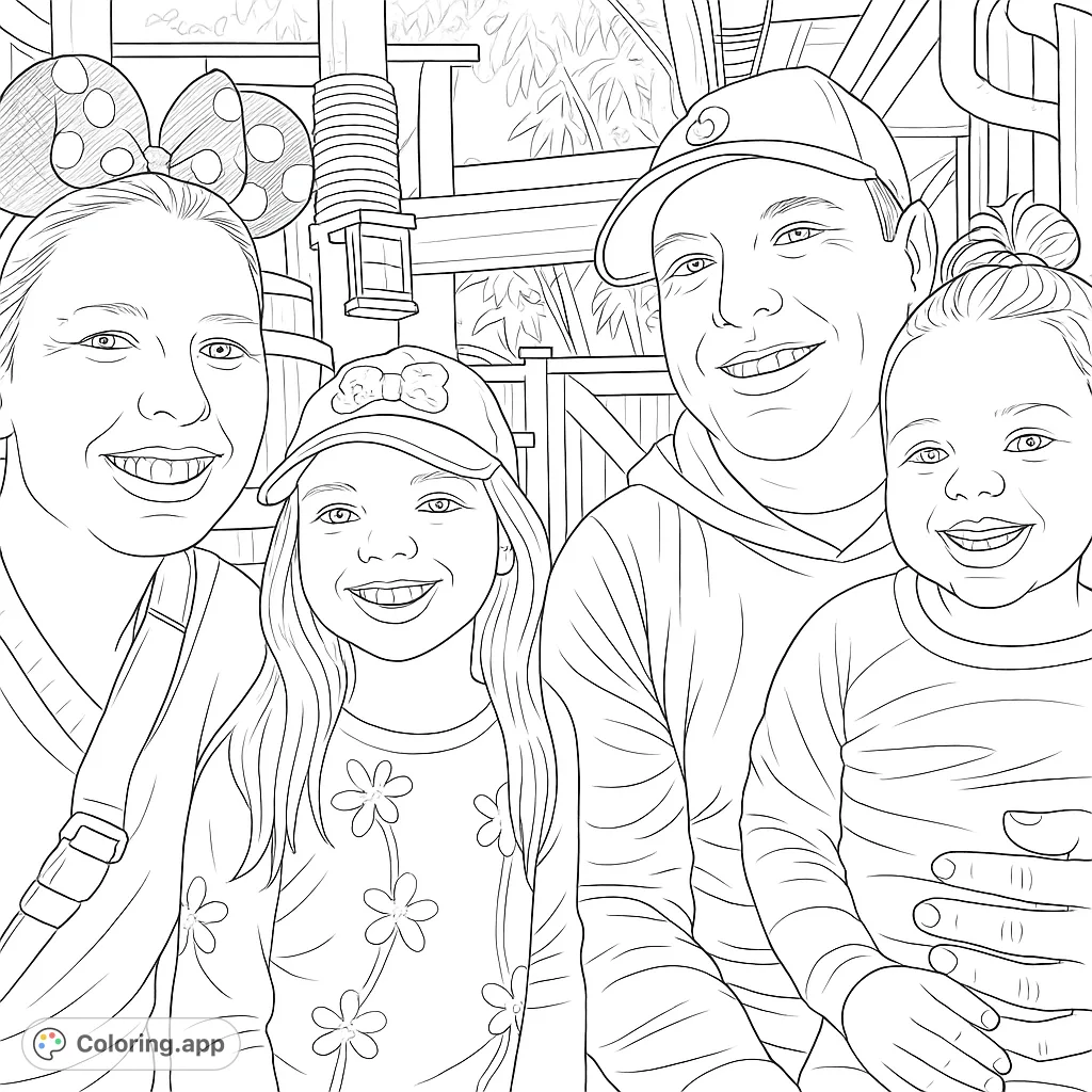 A heartwarming family portrait coloring page featuring two adults and two children smiling, set against a fun, detailed background. Perfect for all ages!