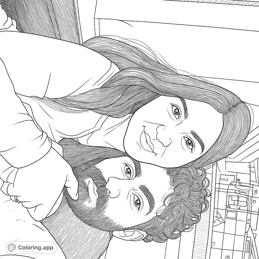 A tender couple portrait, perfect for a romantic couple coloring page. Features a woman embracing a man, with detailed hair and beard textures.