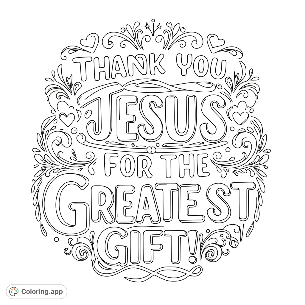 An ornate 'Thank You Jesus' lettering design, surrounded by elegant swirls and hearts, perfect for reflective coloring.