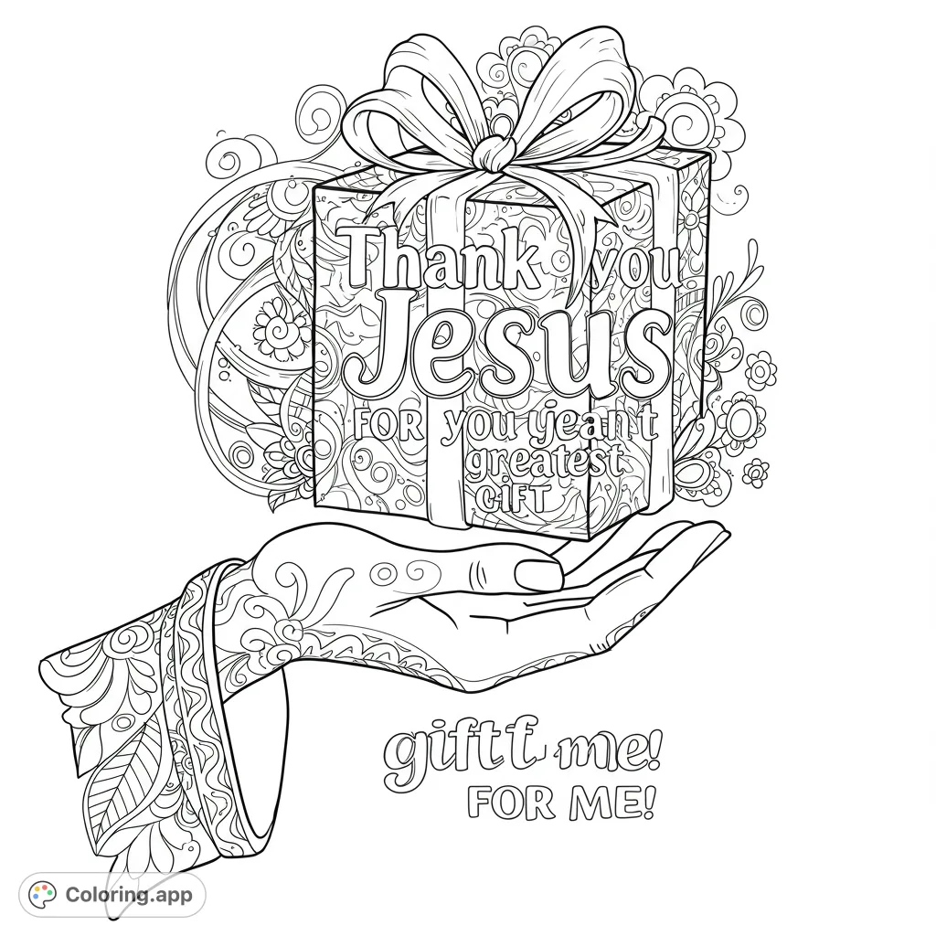An intricate spiritual gift coloring page featuring a hand holding a beautifully wrapped box with detailed patterns and a decorative background.