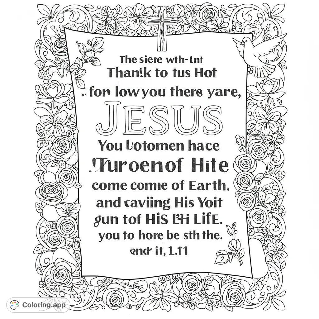 An ornate floral border frames a blank scroll, featuring a cross and a dove. A beautiful spiritual free printable coloring page.