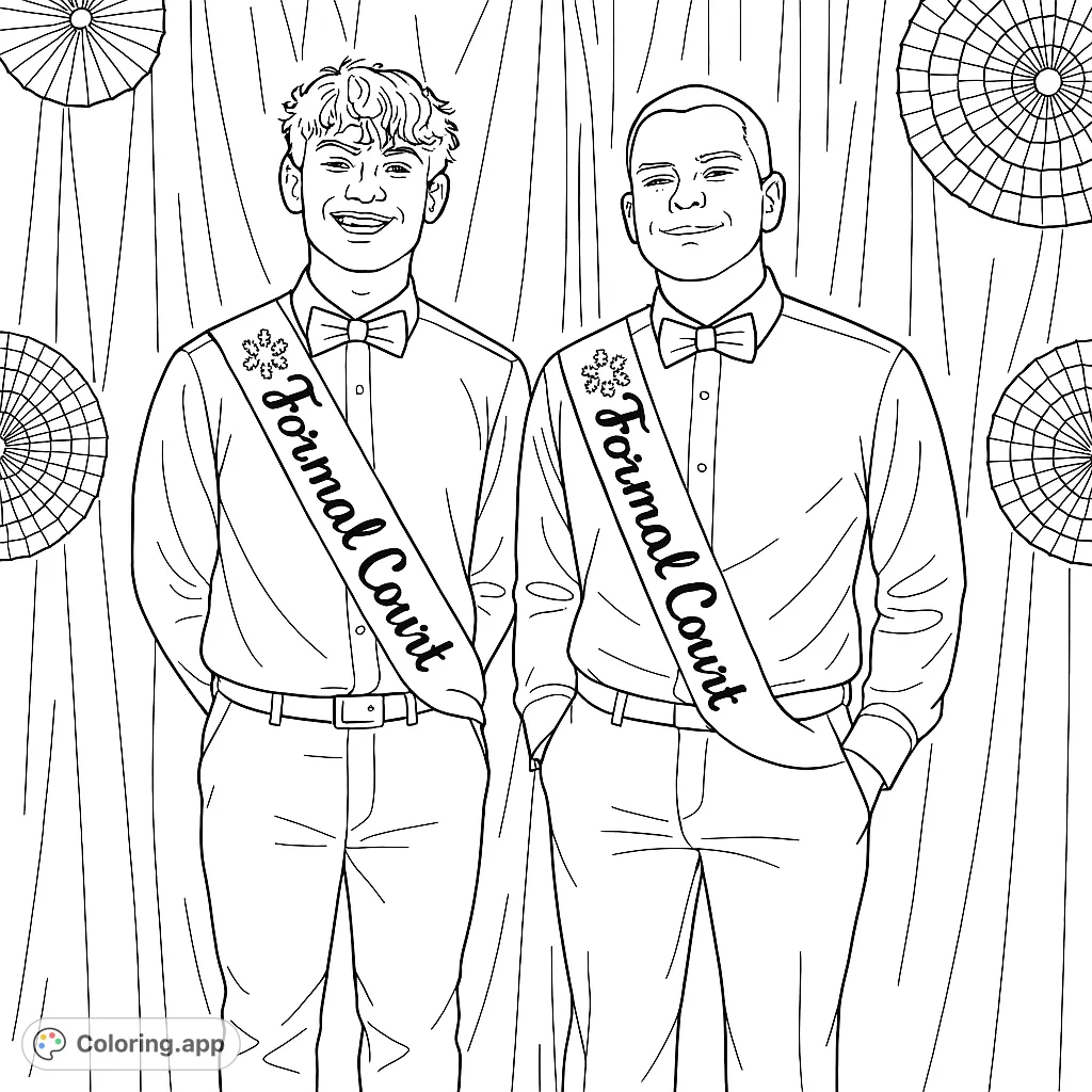 Two young men in formal attire with sashes, standing against a decorated backdrop. A celebratory formal event scene, perfect for coloring.