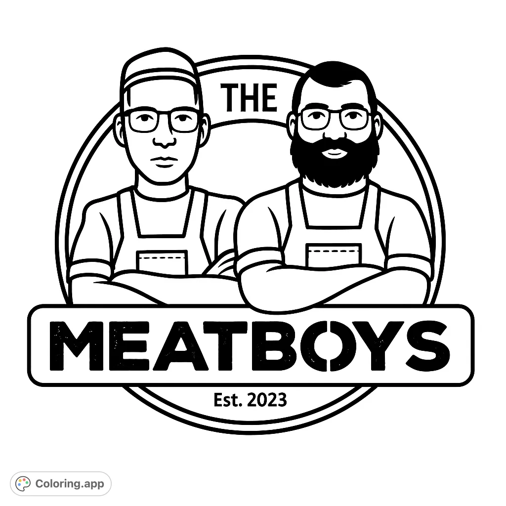 Color a dynamic duo of two men in aprons, one with a beard, framed by a circular emblem. A free printable coloring page for all ages.