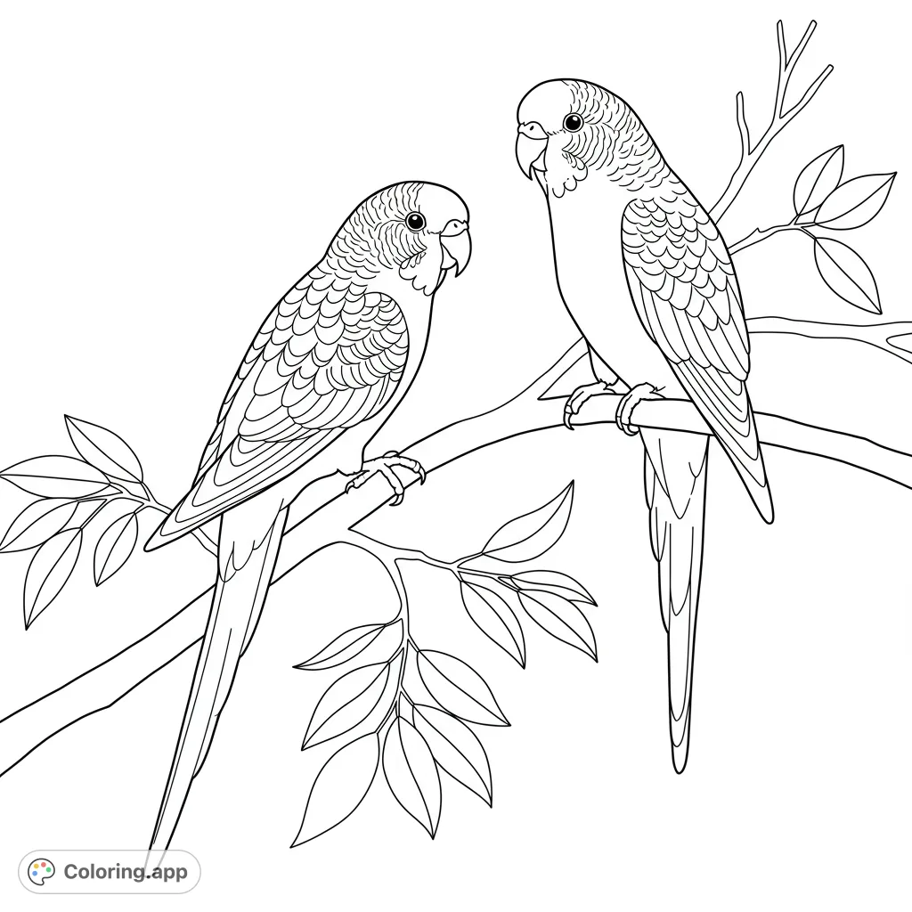 A delightful budgerigar coloring page featuring two charming budgies perched on a leafy branch. Perfect free printable coloring page for bird lovers of all ages.