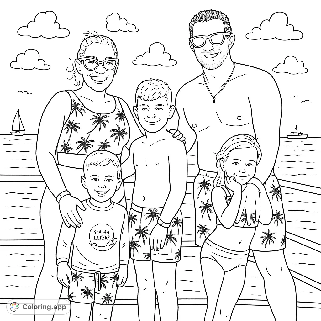 A happy family of five enjoys a sunny beach day, posing together by the water with boats and clouds. Perfect for summer fun!