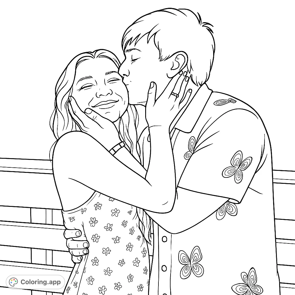 A tender moment captured: a man gently kisses a smiling woman's cheek, her hands cupping his face. A heartwarming romantic coloring page.