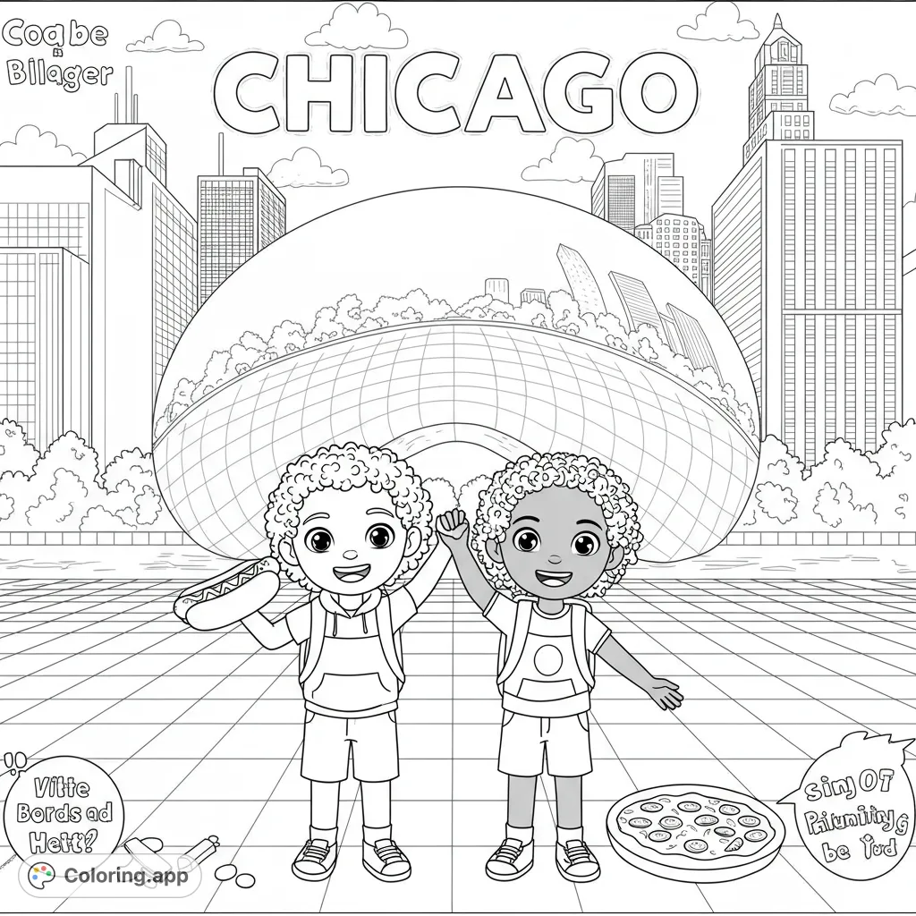 Explore Chicago with two happy kids, the iconic Cloud Gate, and a vibrant city skyline. A fun, free printable Chicago cityscape coloring page for all ages.