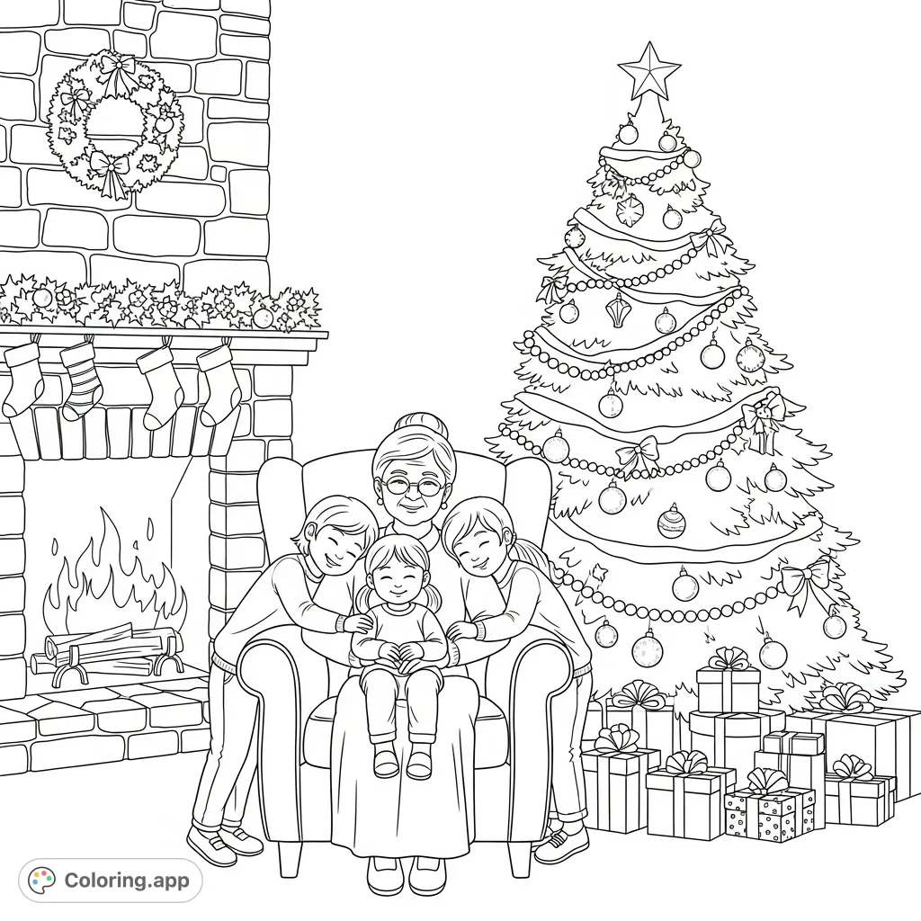 A heartwarming Christmas scene featuring three children lovingly embracing their grandma by a festive tree and fireplace, evoking warmth and family joy.