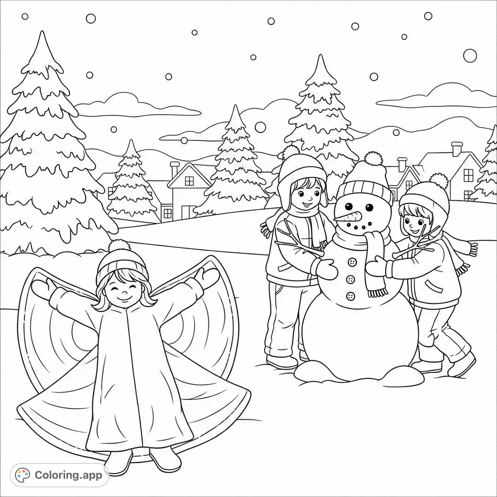 Capture the joy of a Christmas snow day with children making snow angels and building a snowman amidst a picturesque winter landscape. A perfect holiday coloring page.