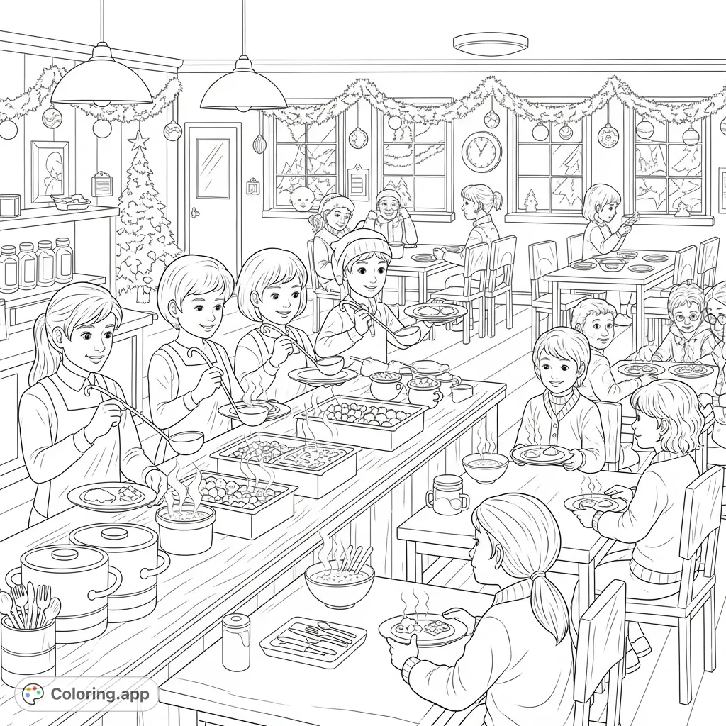 A heartwarming free printable Christmas soup kitchen coloring page, showing children serving meals and spreading kindness during the festive season to those in need.