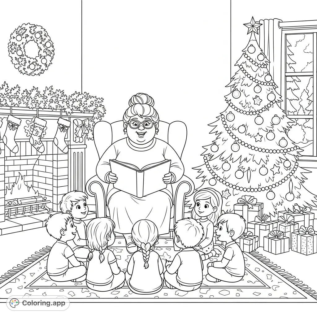 A heartwarming Christmas scene where a jolly woman reads Bible stories to six attentive children by a festive fireplace and a decorated tree. A cozy holiday moment.