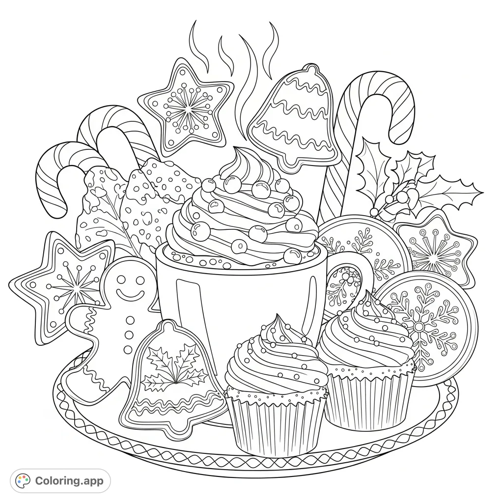 A charming Christmas coloring page featuring a delightful spread of sweet treats like gingerbread, candy canes, frosted cookies, and a cozy hot cocoa mug.