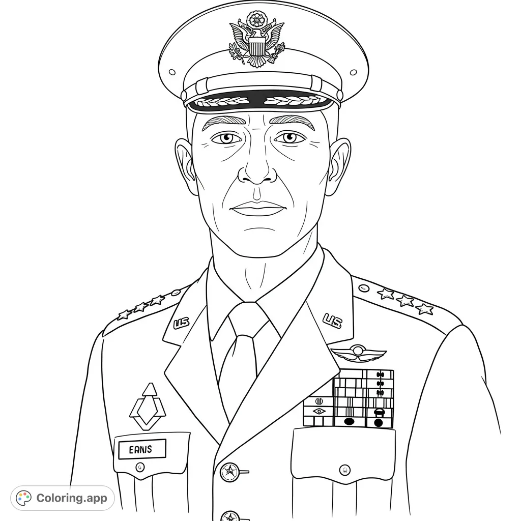 Color a distinguished military officer in full uniform, featuring intricate medals, insignia, and a peaked cap. A patriotic free printable coloring page.