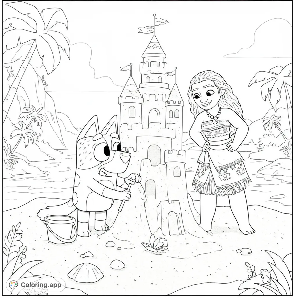 Join Bluey and Moana building an epic sandcastle on a sunny beach! A fun, free printable beach adventure coloring page for kids and adults.
