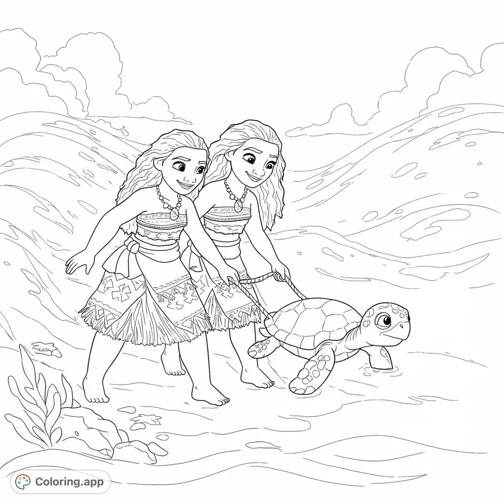 Two island girls guide a baby sea turtle to the ocean in this heartwarming scene. A free printable ocean adventure coloring page for kids.