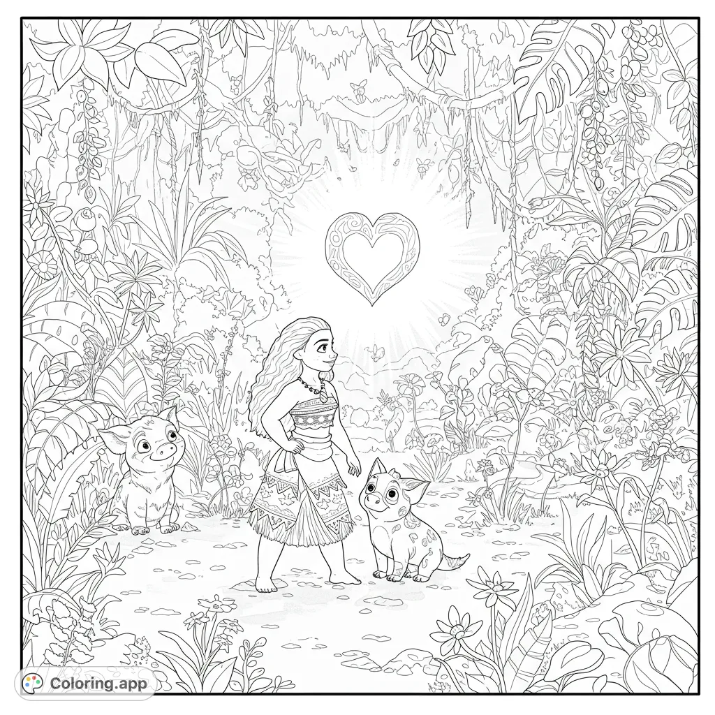 Island princess and animal friends explore a lush jungle, guided by a glowing heart. A free printable tropical adventure coloring page.