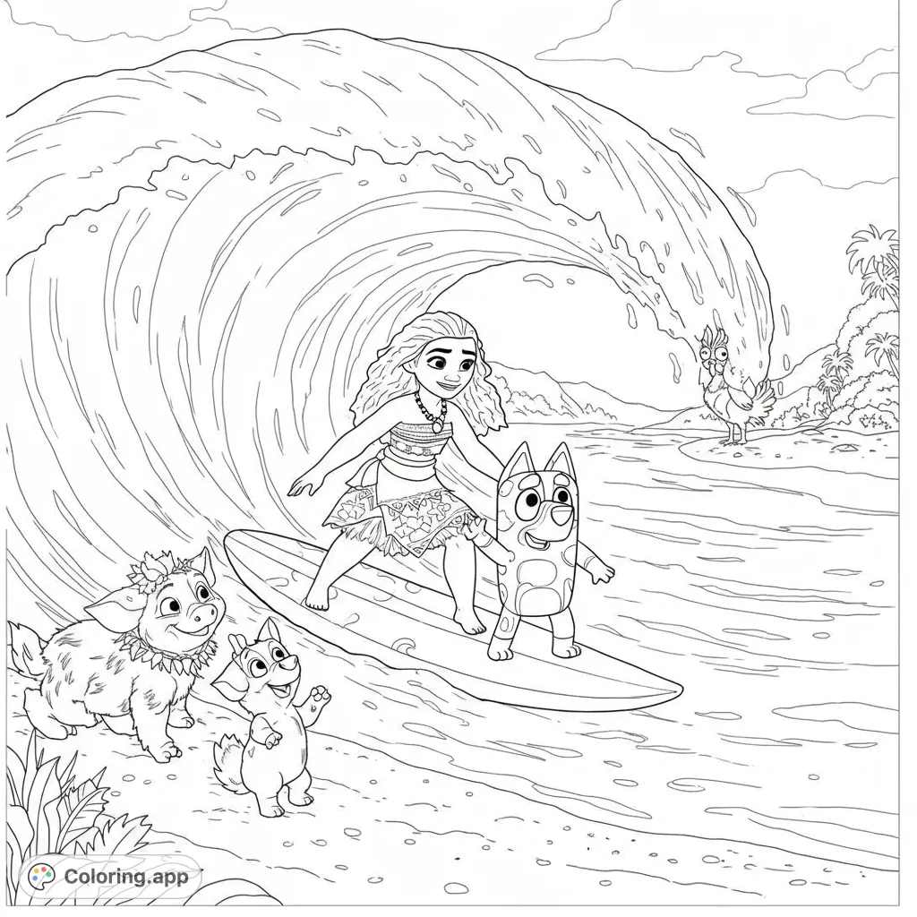 Join a brave surfer and her animal friends riding a giant wave! A fun, free printable ocean adventure coloring page for kids and adults.