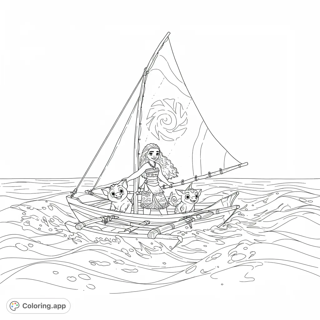 Embark on an ocean adventure with a brave voyager and her animal friends in a sailboat, navigating through dynamic waves. A free printable coloring page.