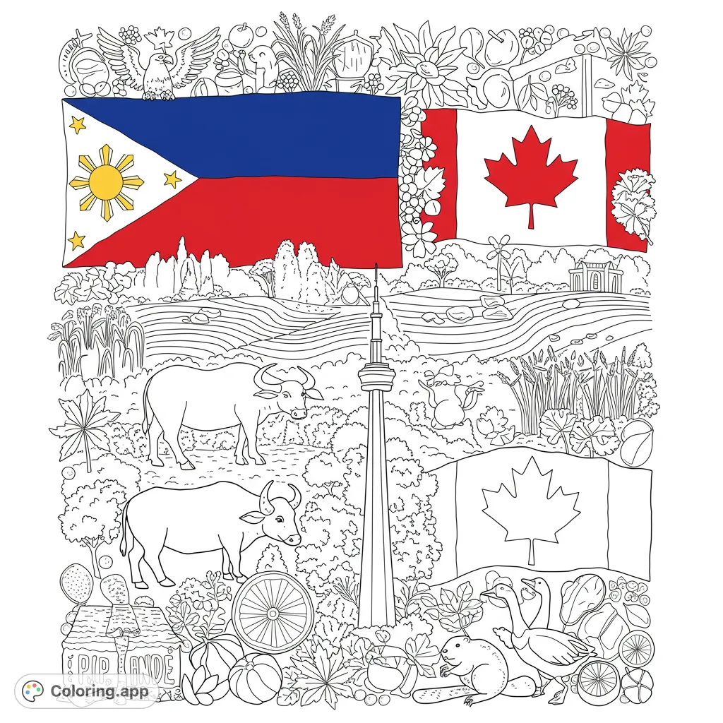 Explore a vibrant cultural collage featuring symbols of the Philippines and Canada, perfect for a free printable coloring page for kids and adults.
