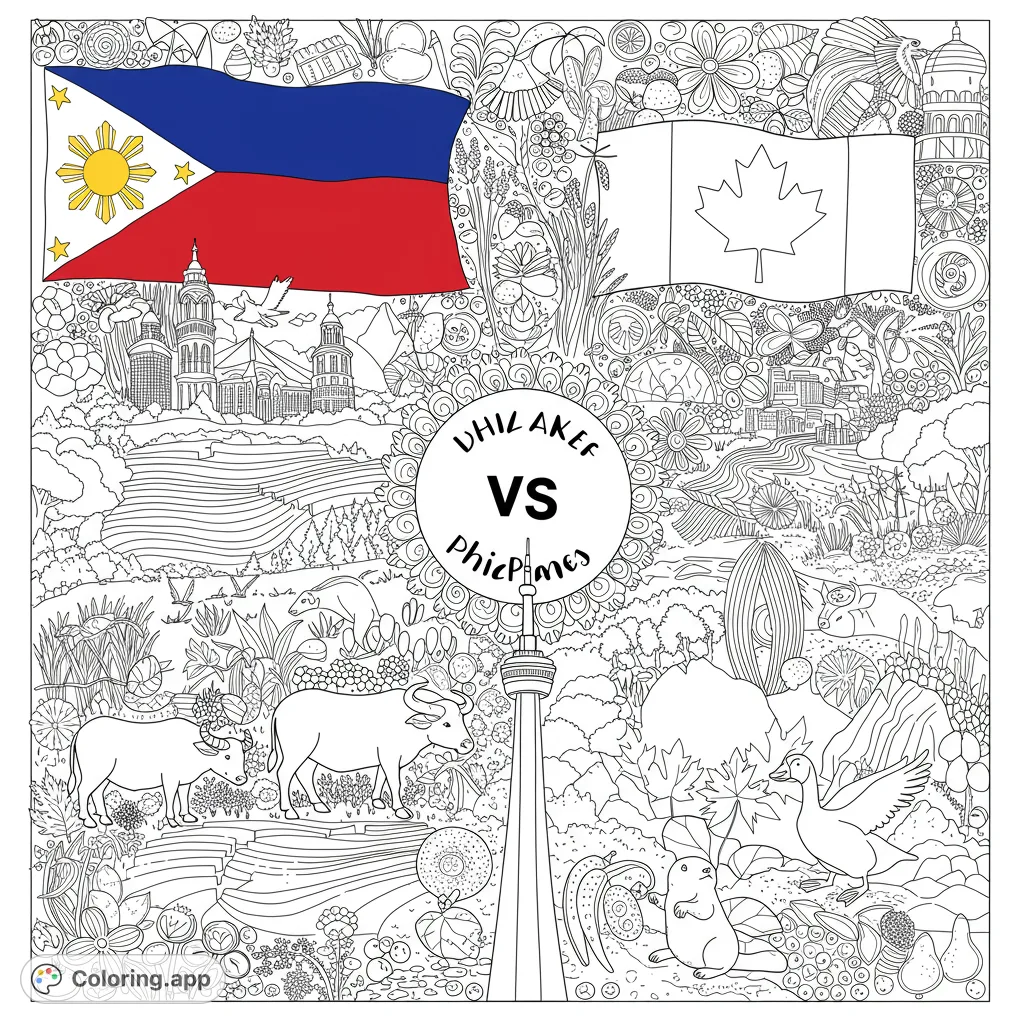 Explore a vibrant cultural mosaic featuring iconic Philippine and Canadian landmarks, flags, and wildlife in a detailed, free printable coloring page.