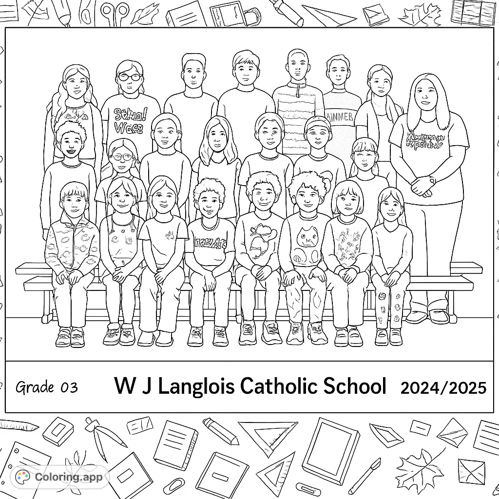 A vibrant school class photo coloring page featuring diverse students and a teacher, surrounded by fun school supply borders. Perfect for celebrating education and friendship.