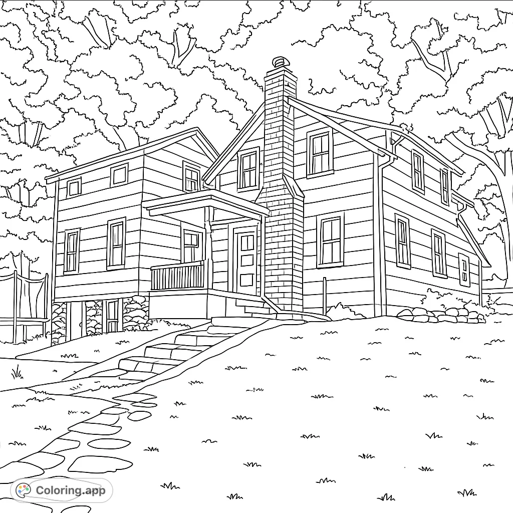 Explore a charming countryside home coloring page, featuring a cozy house, winding path, and lush trees. Perfect for all ages!