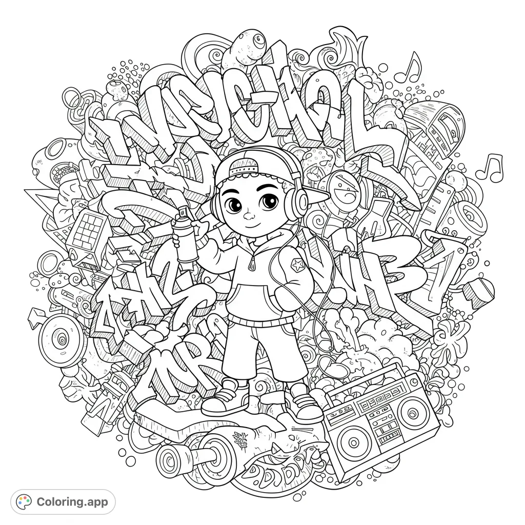 A cool kid with headphones and spray can amidst a vibrant explosion of graffiti letters, boomboxes, and street art. A free printable urban graffiti coloring page!