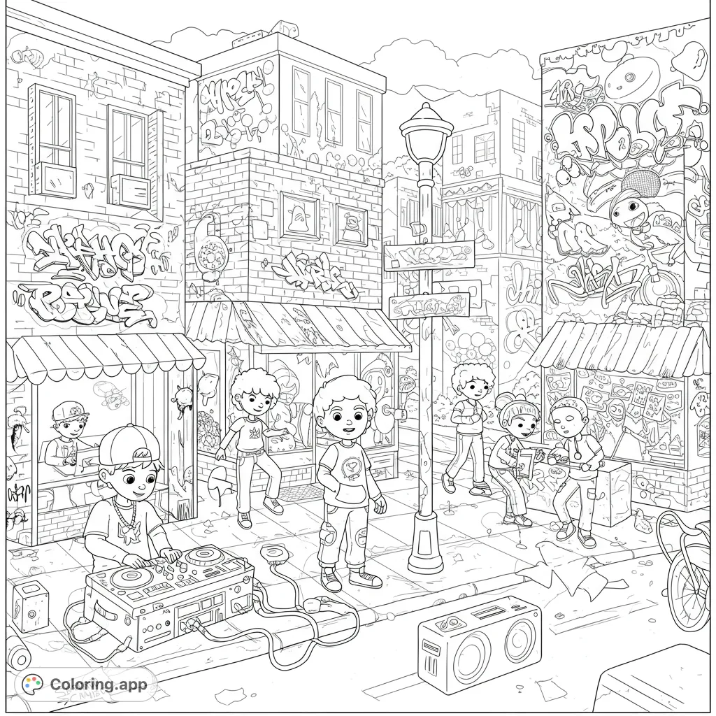 Immerse yourself in a dynamic urban street scene coloring page featuring a DJ, kids, and graffiti-covered buildings. Free printable coloring page for all ages.