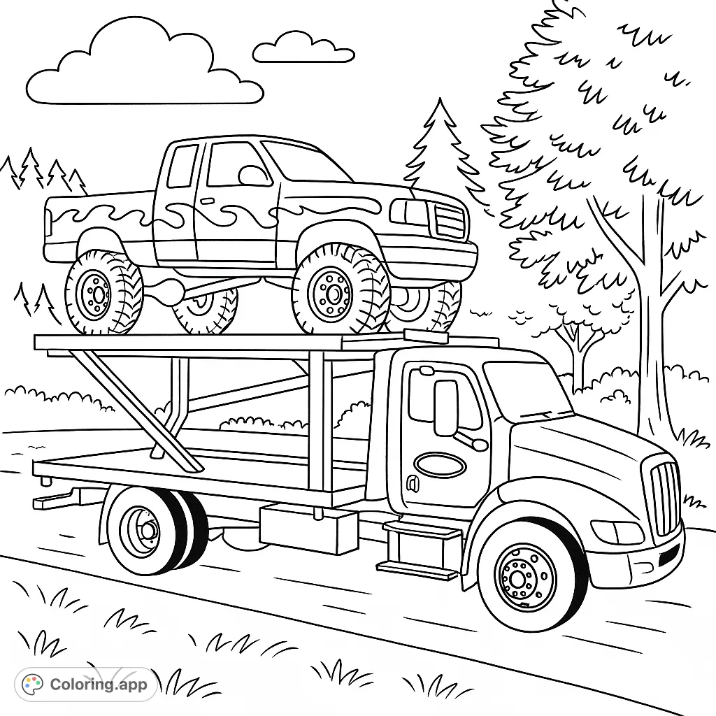 A thrilling monster truck transport coloring page! A powerful car carrier hauls a flame-decorated monster truck, ready for adventure. Perfect for vehicle fans!