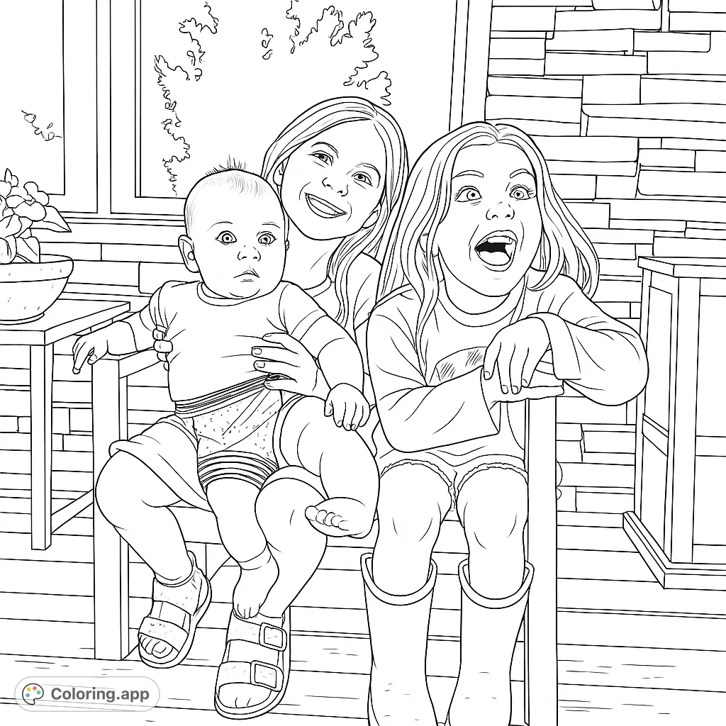 A heartwarming scene of three children, including a baby, sitting together on a porch, full of joy and wonder. Perfect for family fun.