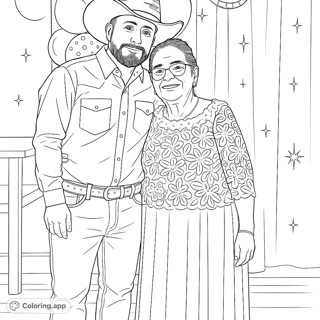 Capture a heartwarming generational bond with this free printable family portrait coloring page. Features a man in a cowboy hat and an older woman with floral patterns.